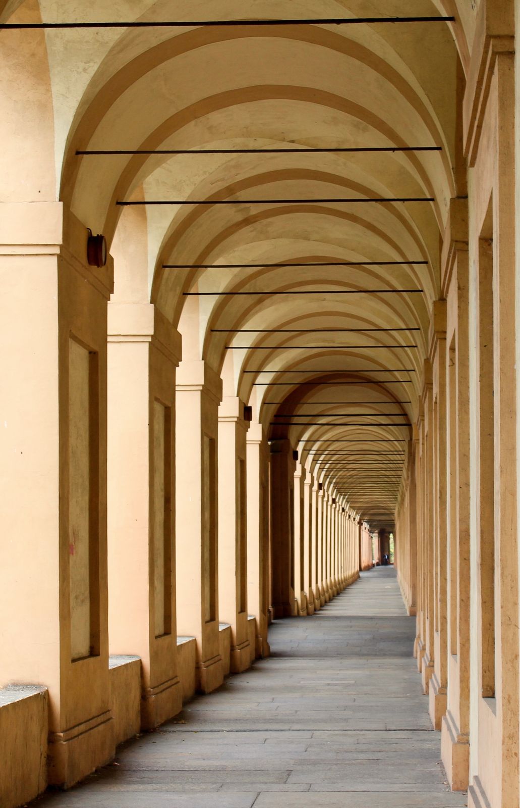 A long arcaded portico in Bologna, its vaulted bays receding into the distance.